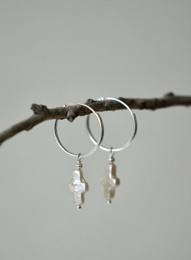 Power of Faith天然巴洛克珍珠十字架耳环法式复古小众个性耳坠