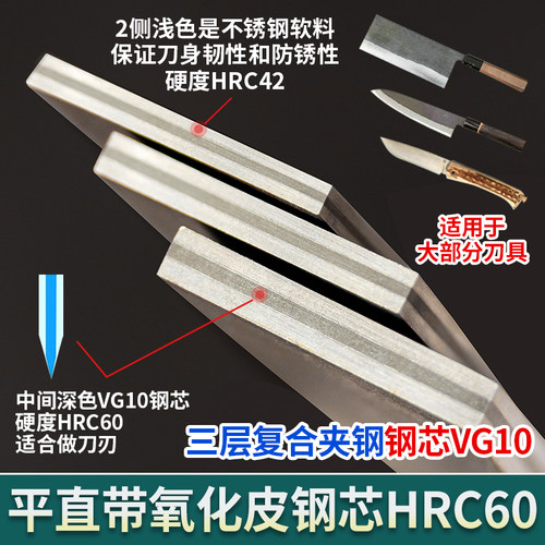 VG10夹钢板三层复合青纸刀胚条料不锈淬火HRC60厚2至2.5mm直销