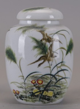 仿古民国居仁堂制粉彩花鸟路路高升茶叶盖罐古董古玩杂项收藏