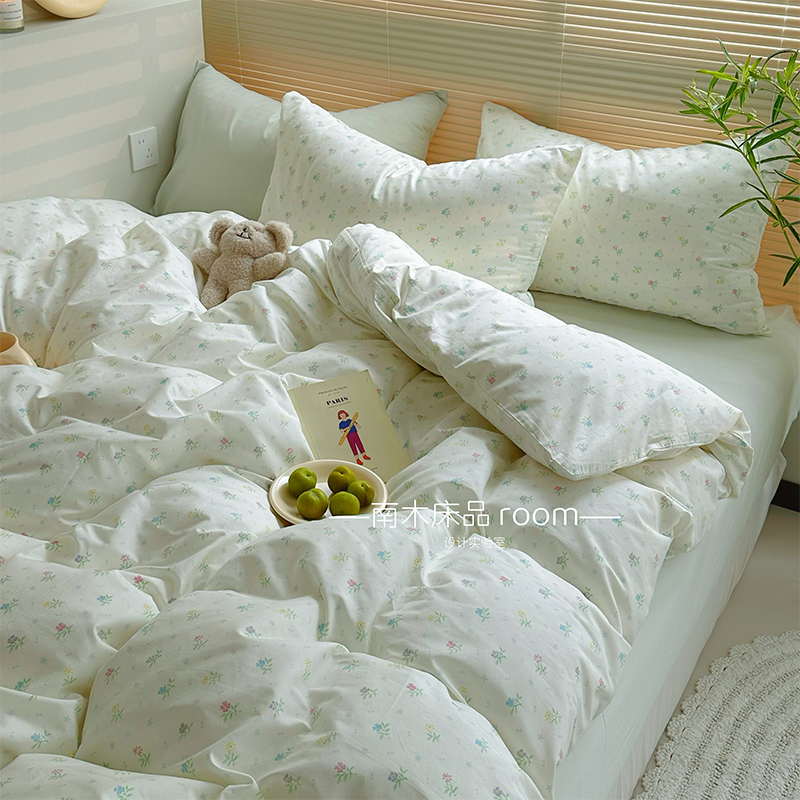 薄荷清风｜ins清新小碎花纯棉四件套干净浅绿色全棉床品1.8床笠款