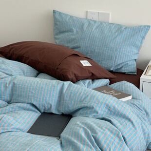 复古唱片｜ins博主蓝咖条纹全棉色织水洗棉四件套1.8床笠纯棉床品