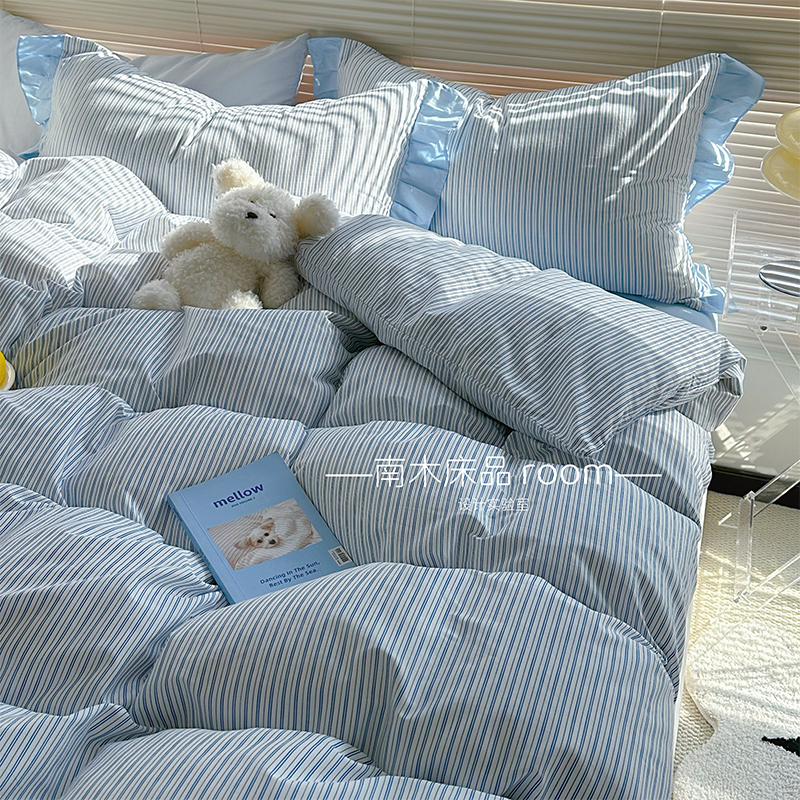 清新蓝色细条纹全棉四件套