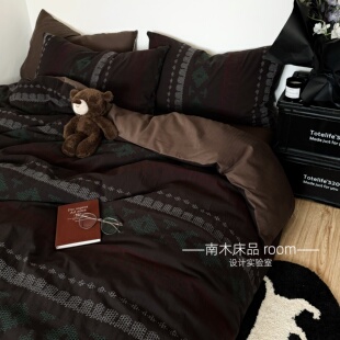 续写故事｜中古风高级深棕色提花全棉四件套1.8m床笠纯棉复古床品