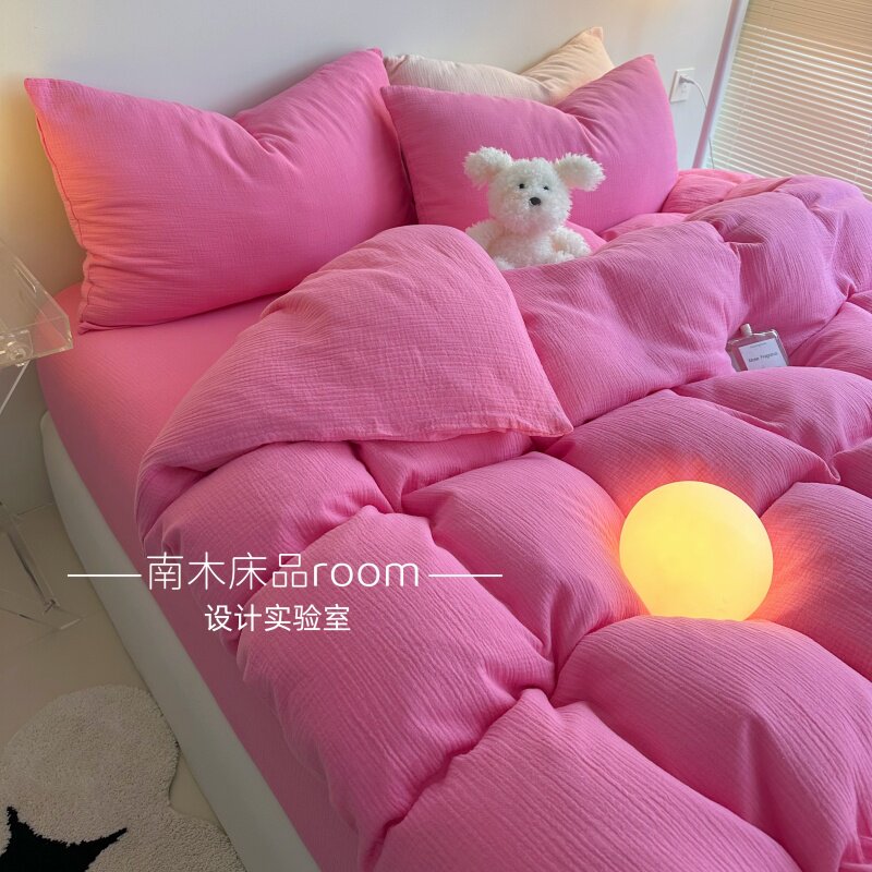 春日玫红｜ins博主同款玫粉色全棉皱皱纱四件套元气少女1.8笠纯棉