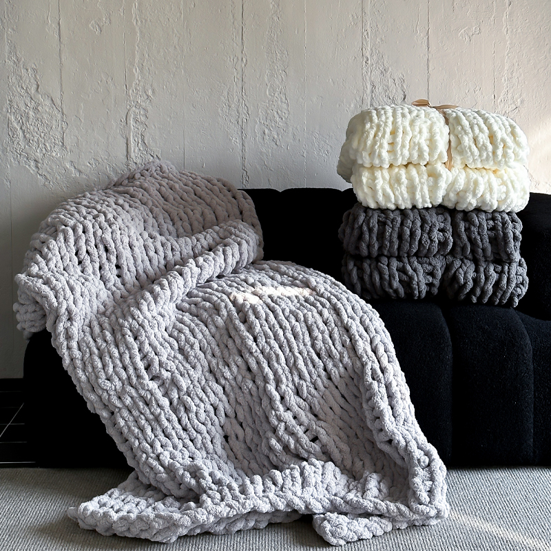 ins慵懒纯色黑白灰粗毛线针织毯