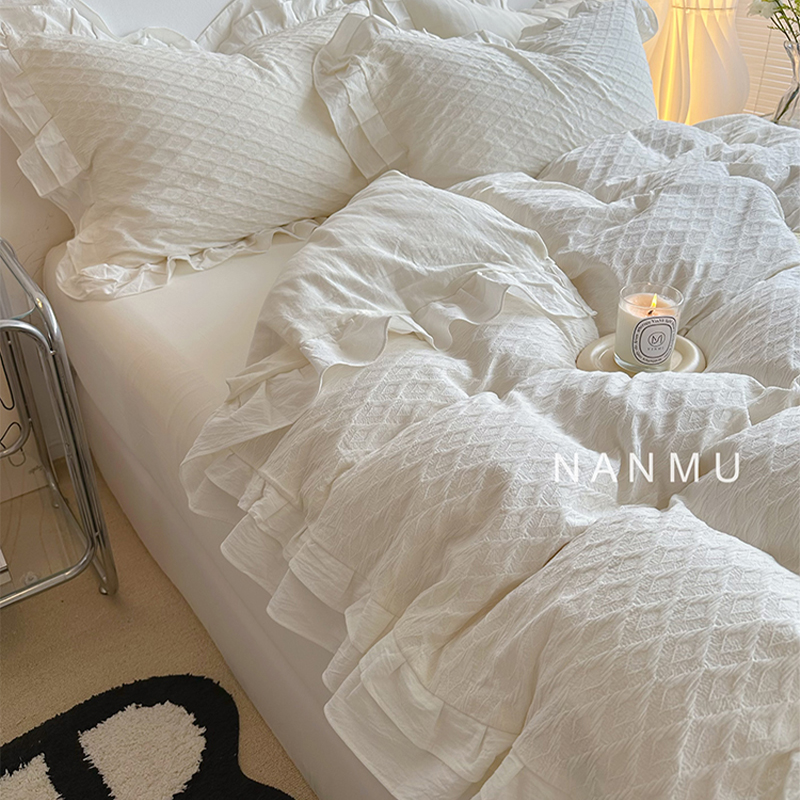 仙女奶油白花边四件套全棉