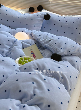 小毛球球｜ins蓝色波点加厚牛奶绒四件套冬天法莱绒珊瑚绒1.8床笠