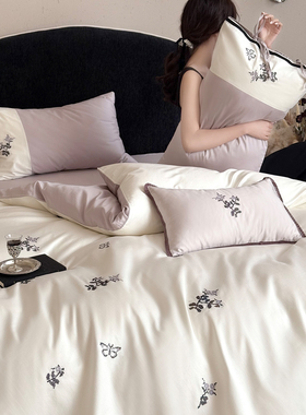 一隅花町｜法式高级感紫色全棉100s长绒棉四件套1.8刺绣绑带床品