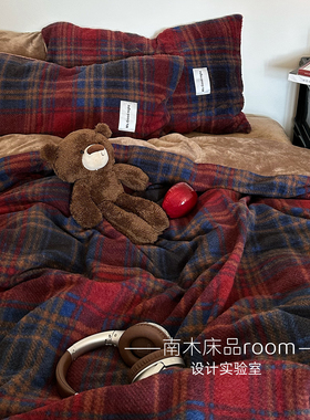 雪顶山楂｜ins复古红格子加厚牛奶绒四件套1.8m笠冬天保暖仿羊绒
