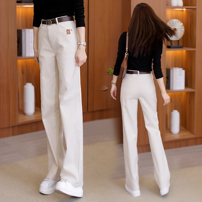 米白色直筒牛仔裤子2024秋冬新款宽松显瘦窄版阔腿裤女高腰休闲裤