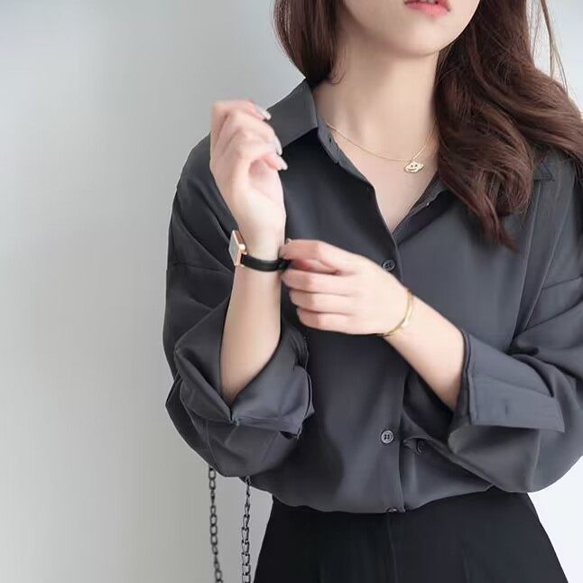 长袖衬衫女宽松休闲简约纯色翻领韩系上衣洋气春秋季免烫抗皱衬衣