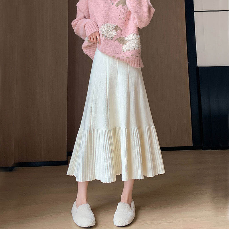 针织半身裙春秋女小个子2026新款休闲毛线a字鱼尾半裙白色百褶裙