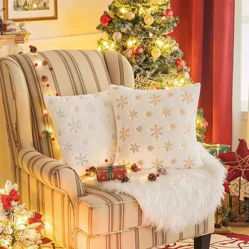 圣诞雪花刺绣抱枕套亮片毛绒靠枕客厅沙发靠垫美式节日装饰抱枕