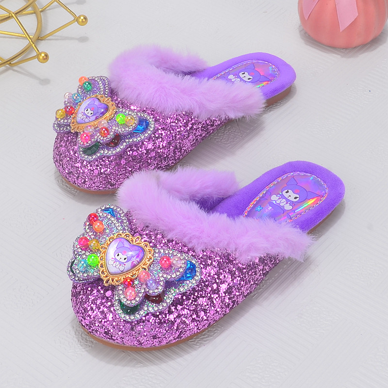 女童毛拖鞋小女孩紫色秋冬加绒保暖软底库洛米可爱儿童公主棉拖鞋