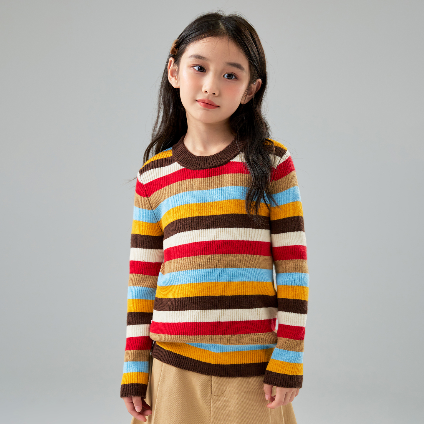 条纹拼色澳洲精纺100%纯羊毛衫