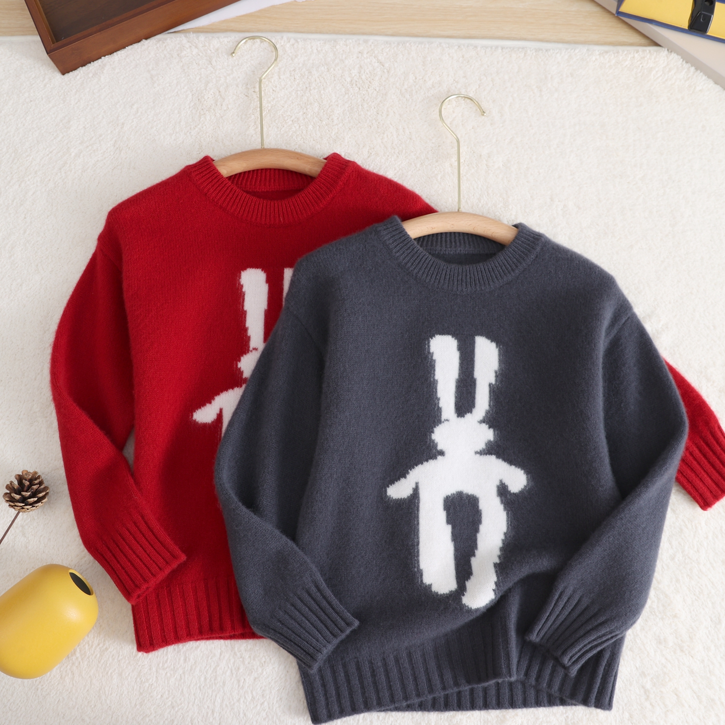 儿童加厚兔子圆领纯羊毛衫秋冬季针织毛线衣男女童中大童羊绒毛衣