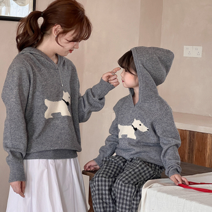 亲子装小狗帽衫纯羊毛衫男童秋季连帽针织女童羊绒秋冬季毛衣外套