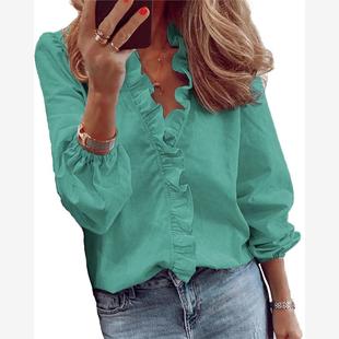 亚马逊wish速卖通爆款ebay欧美长袖荷叶边V领衬衣女Woman shirt