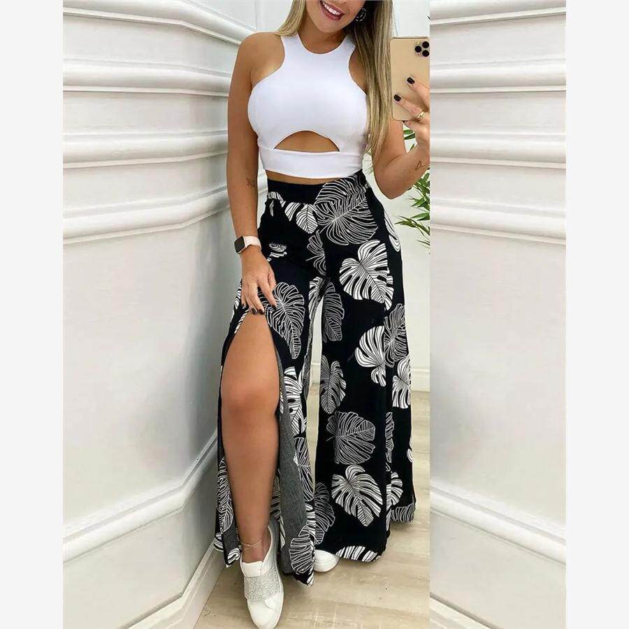 Cutout Crop Tops & Tropical Print Wide Leg Pants Set套装女