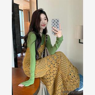 Dress skirt镂空吊带针织长裙早春新款连衣裙罩衫+T恤打底衫女装