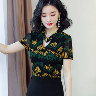 印花女士修身 上衣 网纱短袖 2021夏季 t恤女韩版 气质大码 新款 小衫