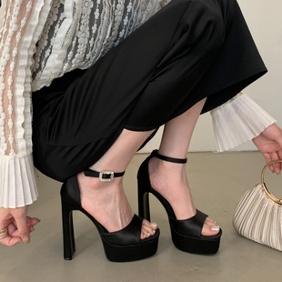 粗跟超高跟鞋14CM夜店性感防水台厚底模特走秀一字扣带水钻凉鞋女