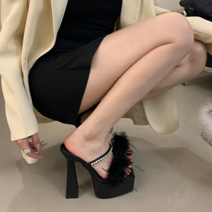 模特走秀女鞋 真兔毛水钻拖鞋 15CM夜店性感防水台粗跟凉鞋 超高跟鞋