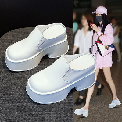 坡跟超高跟防水台真皮半拖鞋女