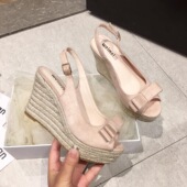 内增高草编凉鞋 坡跟超高跟鞋 防水台厚底甜美蝴蝶结后空鱼嘴鞋 女