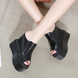 坡跟超高跟凉鞋14CM夜店性感防水台松糕厚底内增高百搭防滑拖鞋女