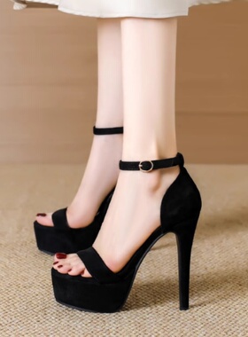 不累脚黑色高跟鞋14CM防水台艺考生模特t台走秀细跟一字带凉鞋女