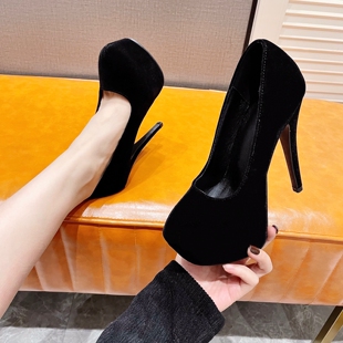 15CM高跟鞋细跟单鞋夜店性感防水台厚底绒面圆头时尚大码走秀女鞋