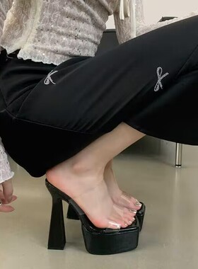 粗跟超高跟鞋15CM夜店性感防水台厚底透明带时尚模特走秀凉拖鞋女