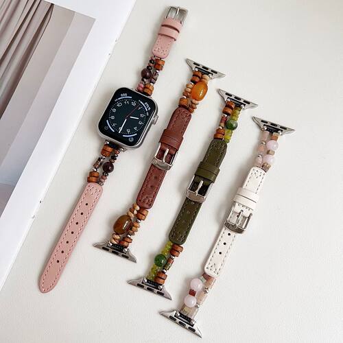 修身串珠皮质表带适用苹果Apple手表腕带iwatch56789SE智能表带