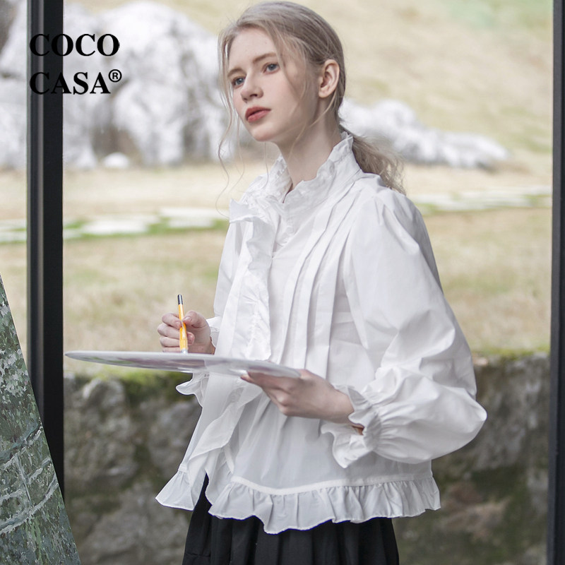 cococasa法式设计感白色立领衬衫女2023春秋新棉蕾丝木耳花边衬衣