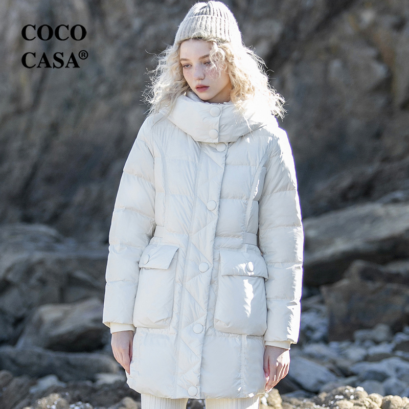 cococasa欧洲站鸭绒羽绒服女中长款2023冬新零鹅绒白色欧货外套潮