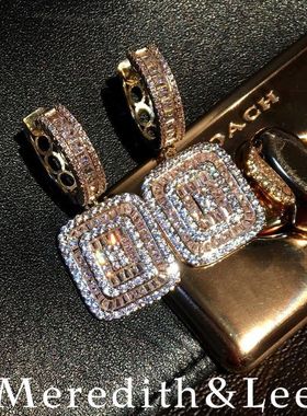 Meredith&Lee 法式优雅复古金色方形满钻轻奢时尚百搭锆石耳环