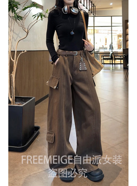 56612重工加绒牛仔工装裤2025年冬季新款直筒纯色百搭美式休闲裤