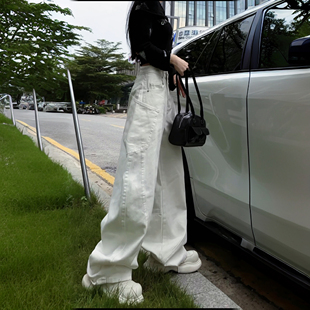 遮肉显瘦休闲长裤 白色宽松阔腿牛仔裤 百搭弯刀裤 新款 女2025年秋季