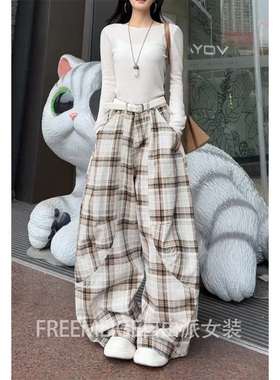 59116加厚格子牛仔裤女2026年春季新款宽松街头裁片弯刀裤休闲裤