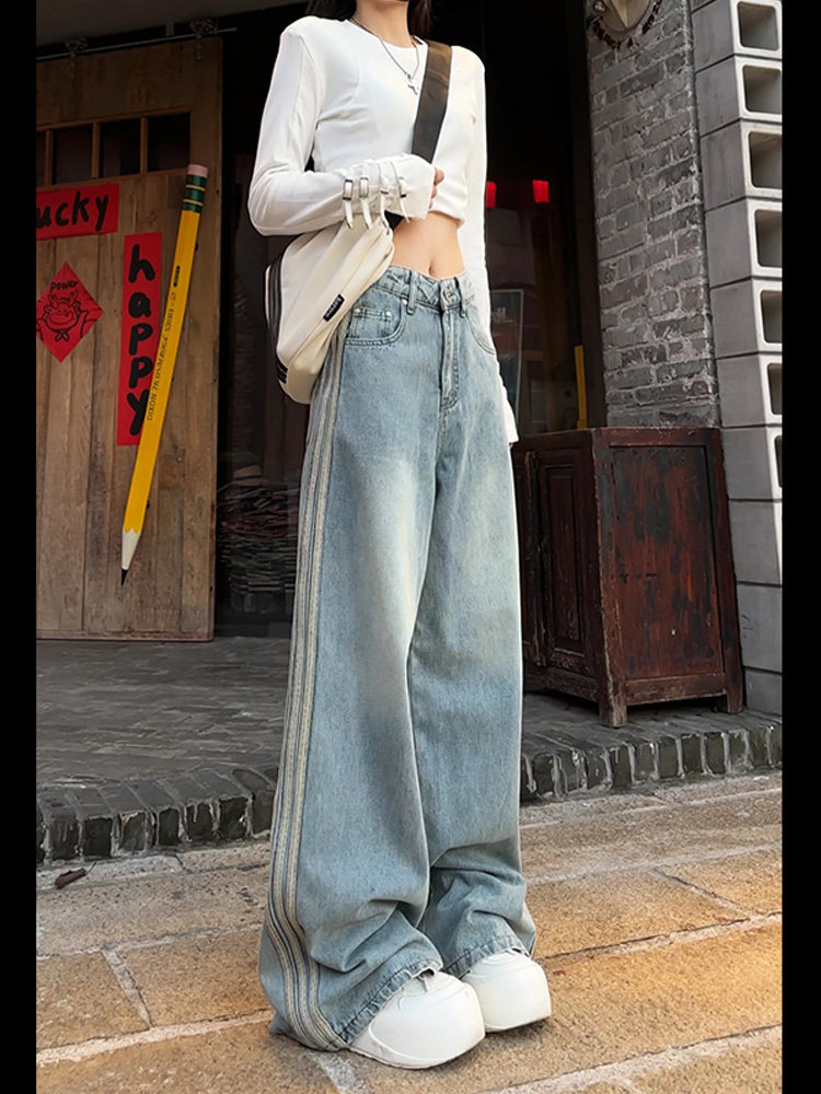 32309 HIGH WAIST JEANS WOMENS SPRING 2025 NEW LOOSE AND THIN AMERICAN SIDE STRIP FLARED MOP PANTS