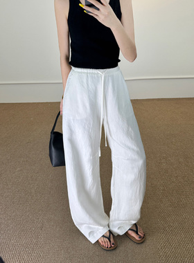 90616极简松紧抽绳直筒休闲裤2025年夏季新款纯色百搭法式长裤