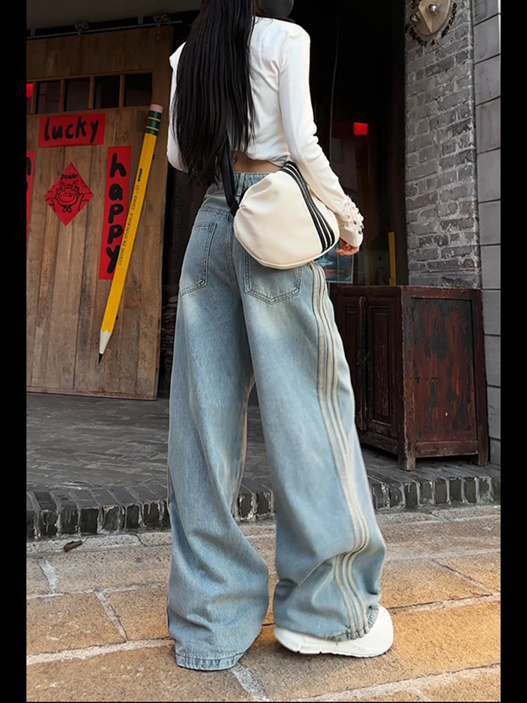 32309 HIGH WAIST JEANS WOMENS SPRING 2025 NEW LOOSE AND THIN AMERICAN SIDE STRIP FLARED MOP PANTS