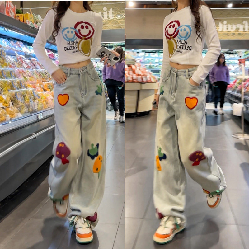 （现货）30223多巴胺毛巾绣显瘦直筒牛仔裤女2025年蘑菇绣休闲裤