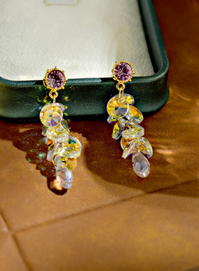 时尚轻奢流苏高级感紫色水晶渐变耳坠简约气质长款S925银针耳钉女