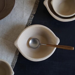 粗陶碗 日式 食器 餐具 粗陶 禾下｜米色手作双耳钵