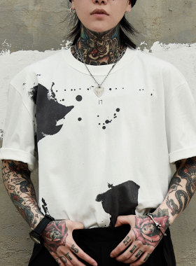 SCND&17打破系列潮牌舒适版青春流行泼墨手绘白色宽松均码短袖T恤