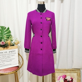 雅奴天使女春季新款紫色棒球服风衣外套中长款修身气质休闲连衣裙
