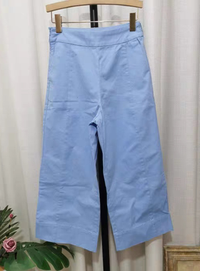 xi然女春秋季新款天蓝色纯色纯棉弹力八九分宽阔腿裤通勤休闲西裤