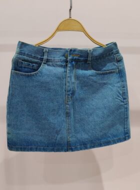 A012蓝色复古高腰牛仔短裙学院风百搭休闲显瘦A字半身裙折扣女装